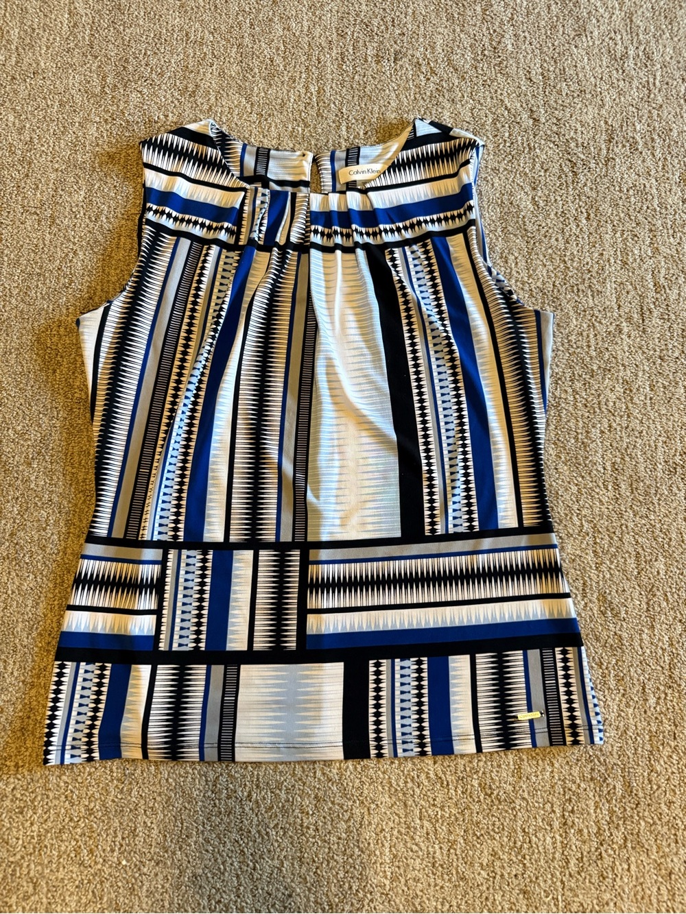 Calvin Klein Sleeveless Geometric Stripe Top in Blue, Black & White